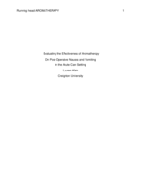 Evaluating the Effectiveness of Aromatherapy On Post-Operative Nausea and Vomiting in the Acute Care Setting